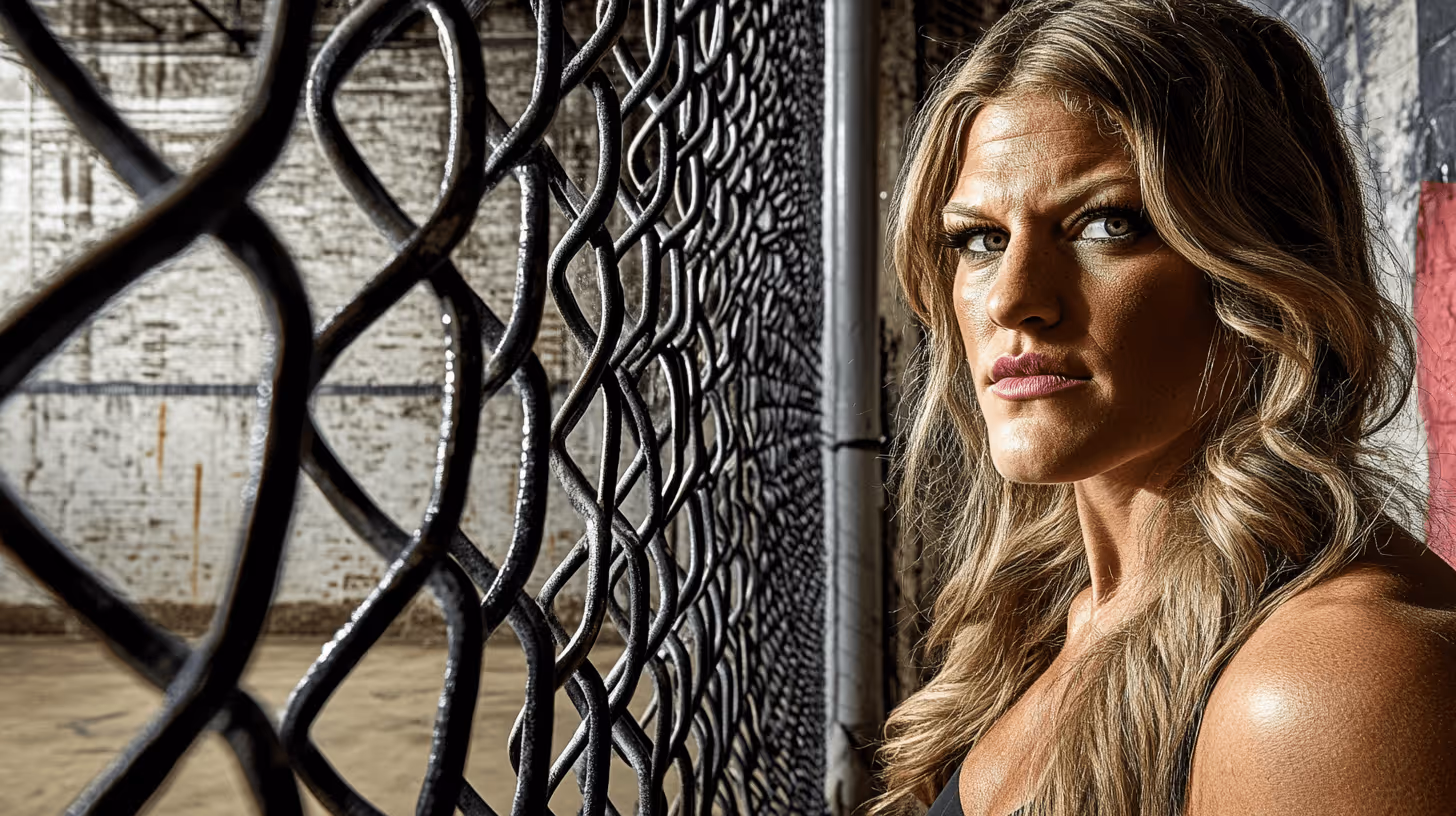 MMA fighter Kayla Harrison poses in a determined stance, with long wavy hair and a muscular build against a gritty industrial backdrop.
