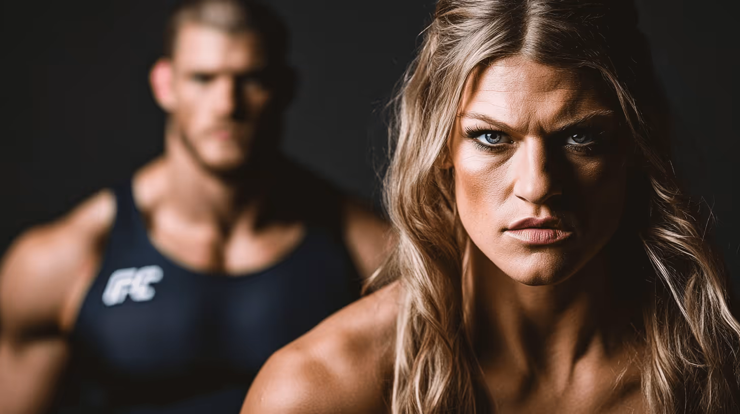 MMA fighter Kayla Harrison strikes a determined pose in a black tank top, with a blurred male opponent behind.