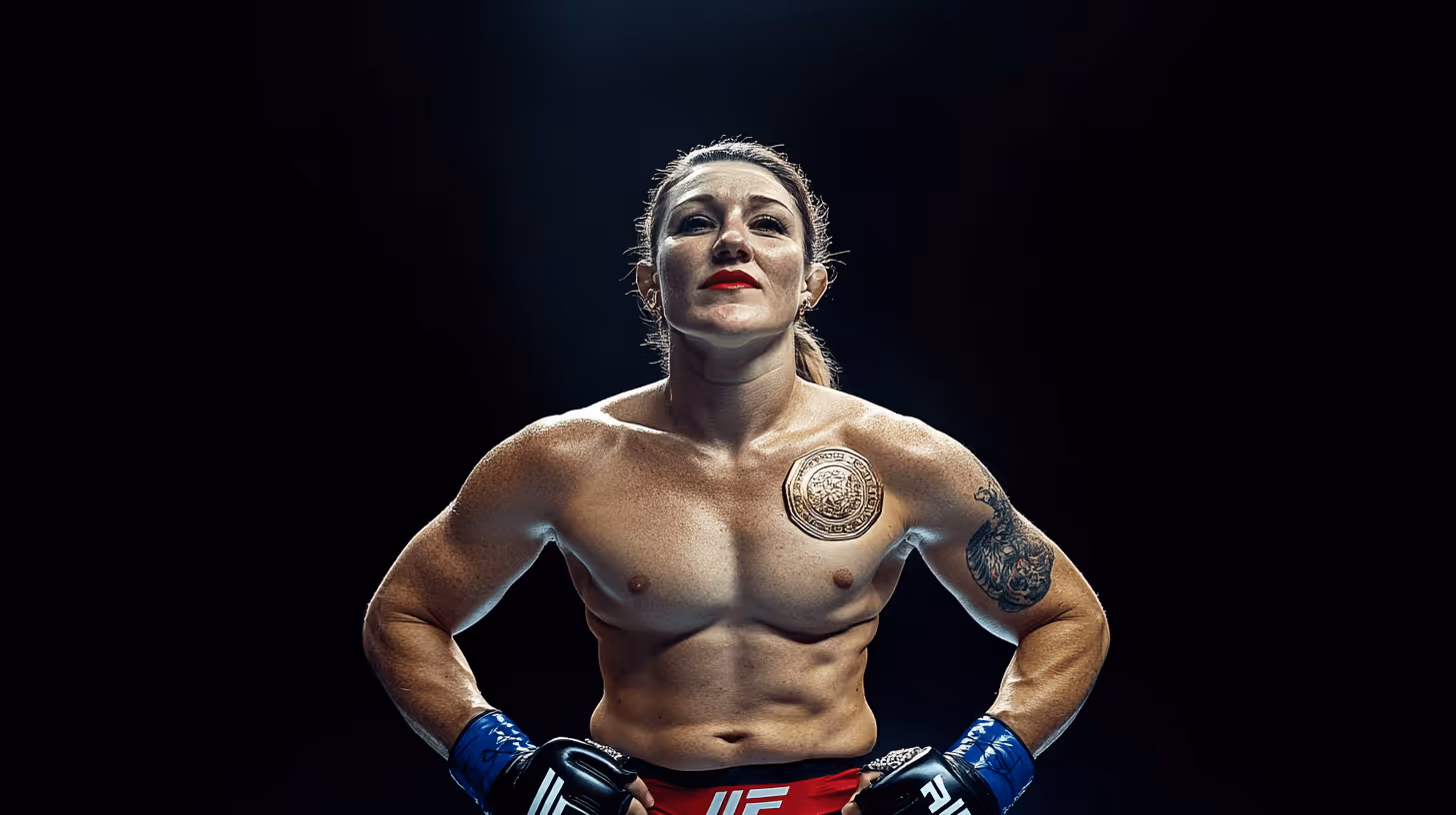 Female MMA fighter in red UFC shorts and blue gloves strikes an intense pose with tattoo and medal in dramatic lighting.