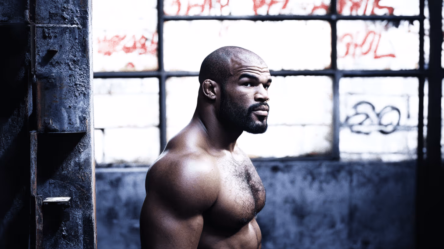 MMA fighter with a shaven head and trimmed beard in a thoughtful pose against a gritty industrial graffiti wall.