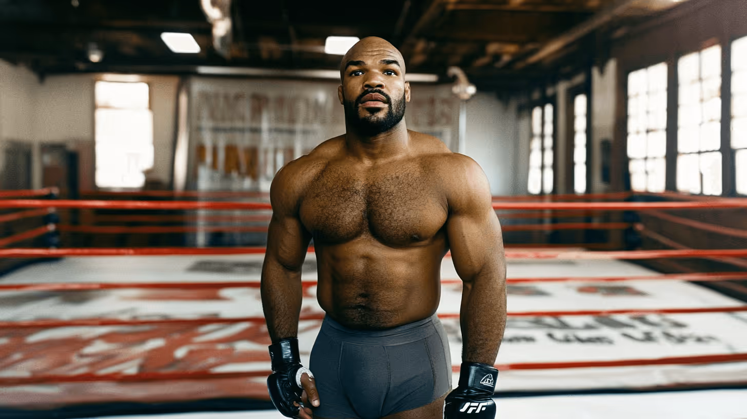 Jon Jones, MMA fighter, stands confidently in a lit boxing ring wearing gray shorts and black gloves, exuding determination.