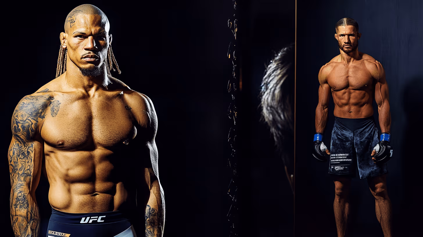 Andreas Gustafsson, tattooed MMA fighter in black UFC shorts, stands ready in dramatic lighting with an intense, confident pose.