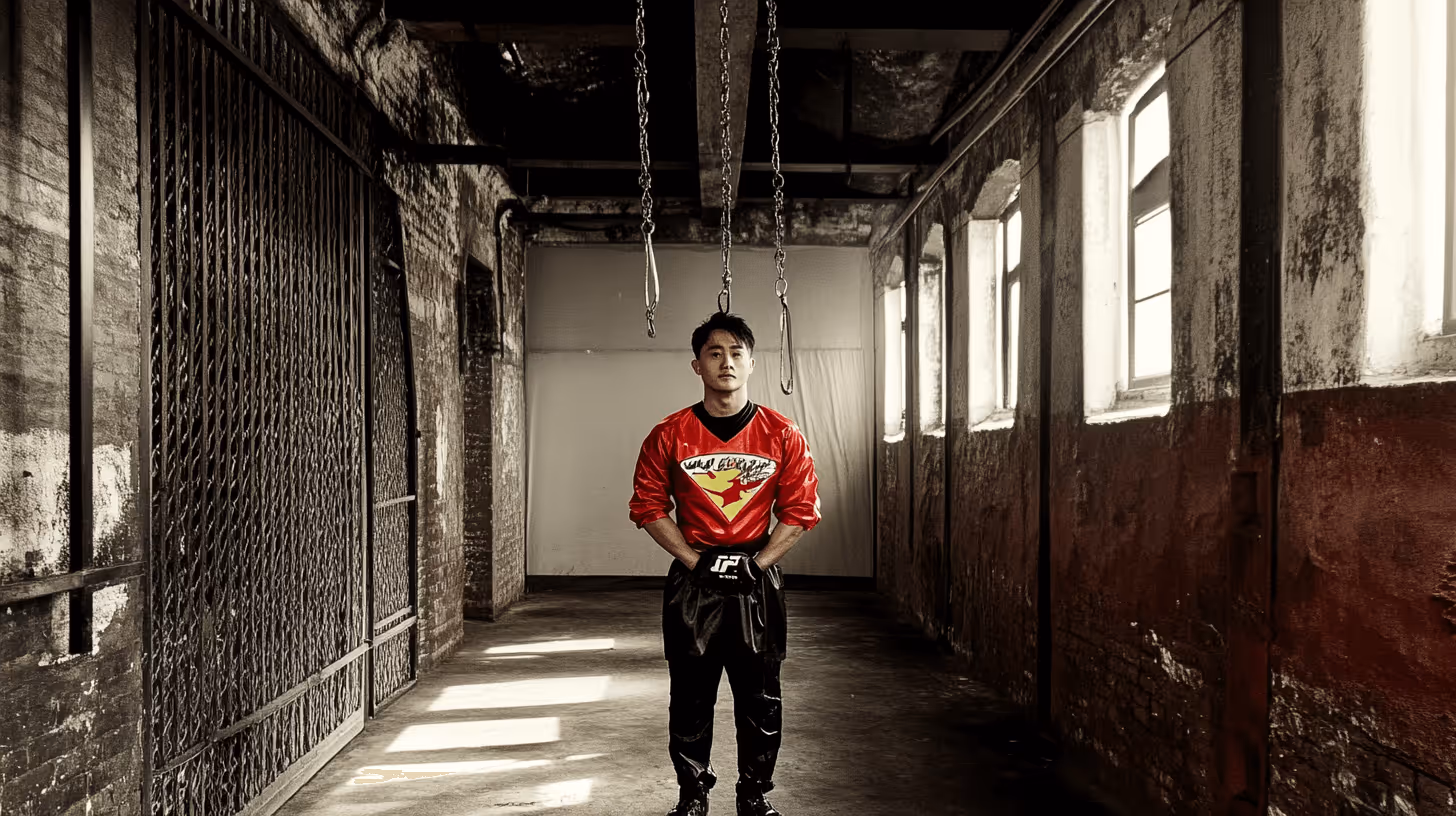 MMA fighter in red athletic top and black pants stands confidently amid an industrial brick setting with dramatic light.