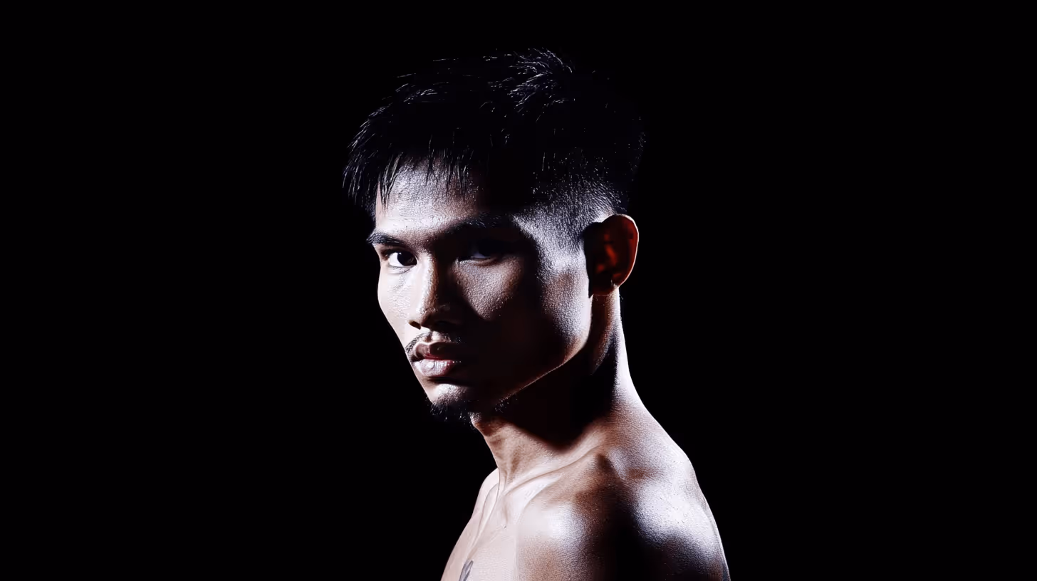 MMA fighter Aliff Sor Dechapan in a dramatic side profile, bare-chested with defined muscles and an intense gaze on a black background.