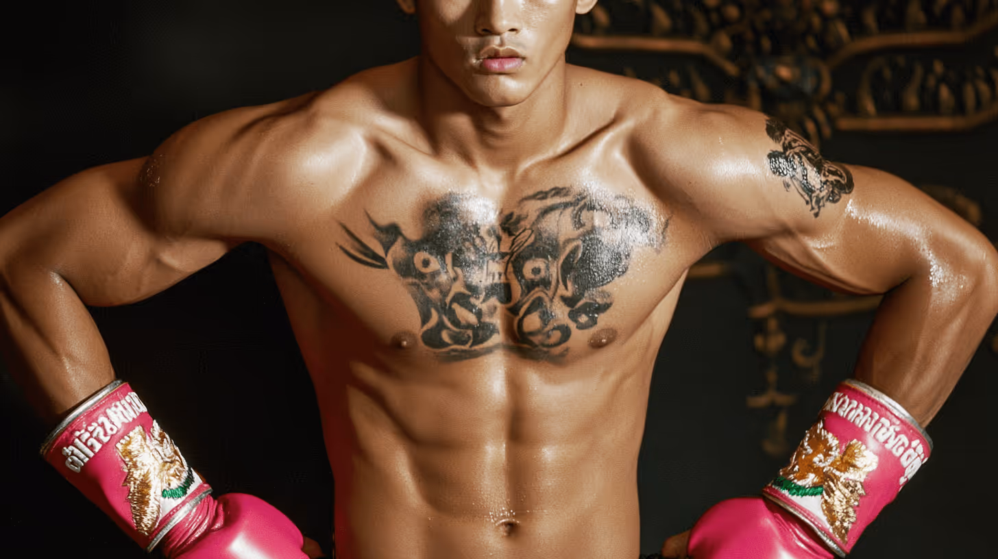 MMA fighter Jaosuayai Mor Krungthepthonburi in an intense pose, shirtless with defined muscles, tattoos, and bright pink boxing gloves against a dark backdrop.
