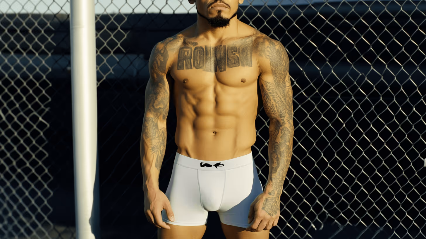 Tattooed MMA fighter in white shorts stands by a chain-link fence, muscles defined with a focused expression.