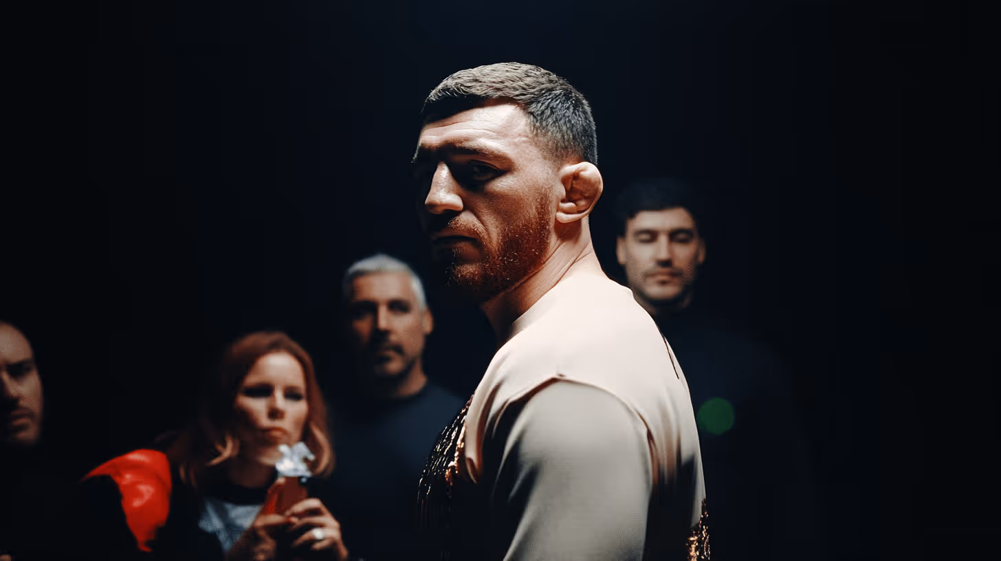 MMA fighter Merab Dvalishvili in a light embellished shirt, exuding focused intensity against a dramatic dark backdrop.