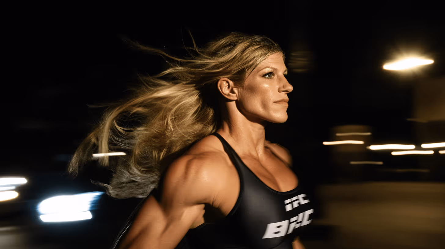 Kayla Harrison in dynamic motion, focused with flowing hair, wearing a dark UFC/BFC athletic top against an orb-lit dim background.