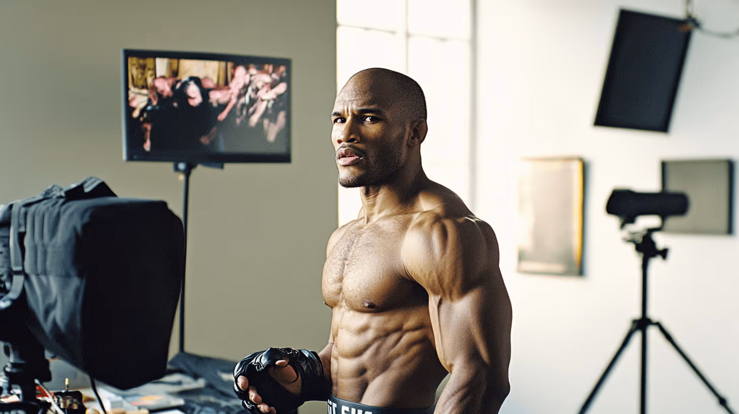 Kamaru Usman in black shorts & fingerless gloves, showcasing a focused, muscular pose in a professional indoor shoot.