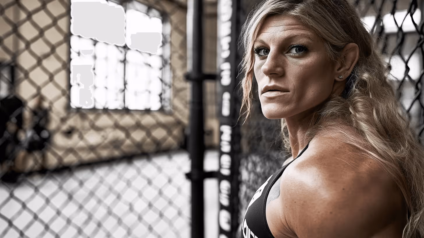 Focused MMA fighter in dark athletic top with a muscular build, standing by a chain-link fence in natural light.