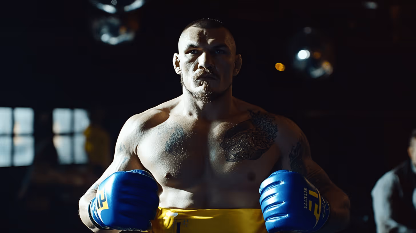 Oleksandr Usyk, muscular MMA fighter with visible tattoos and blue gloves in a dramatic, dimly lit arena.
