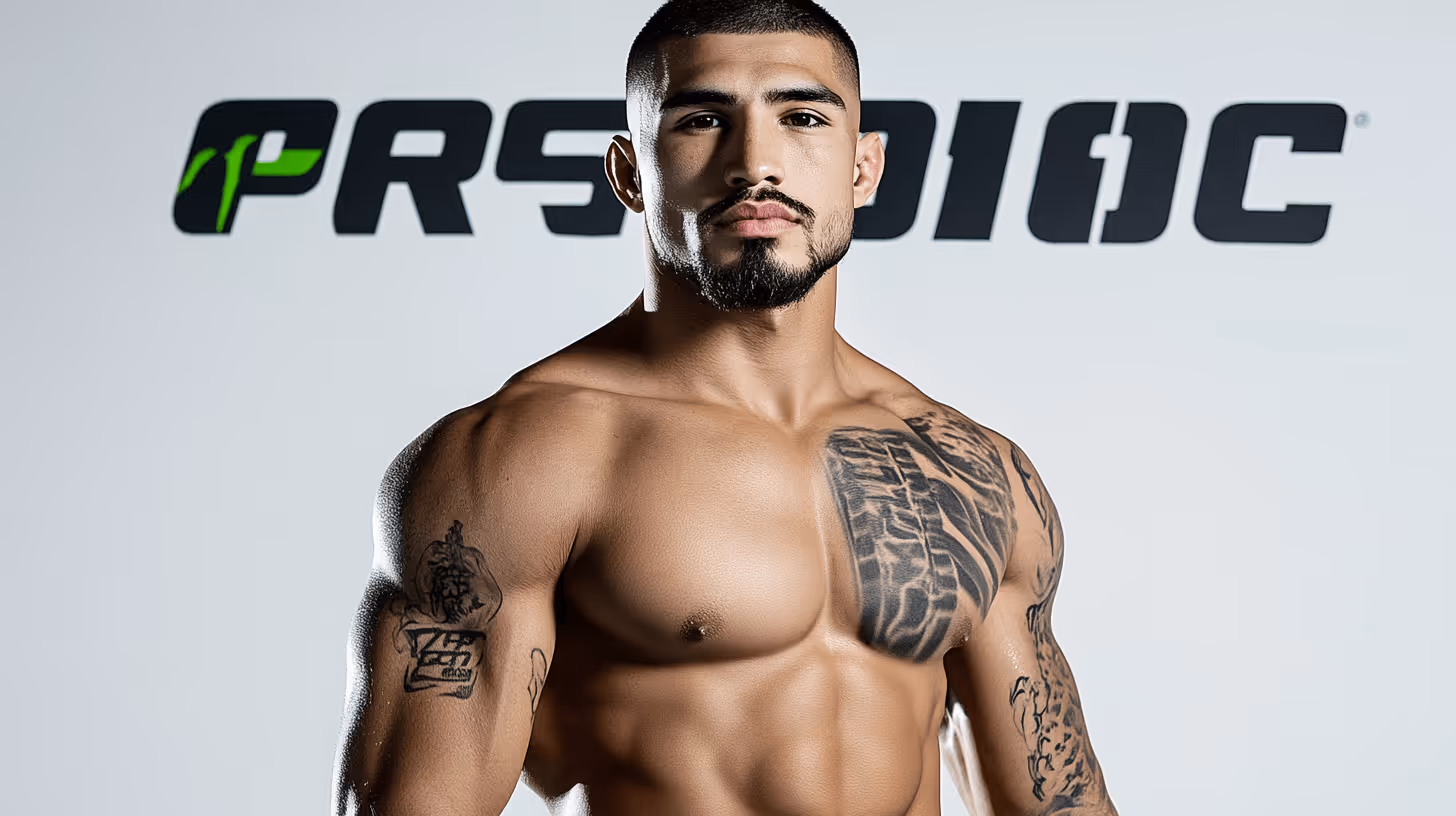 MMA fighter Gabriel Braga poses shirtless with defined muscles and tattoos, exuding focus on a neutral gradient background.