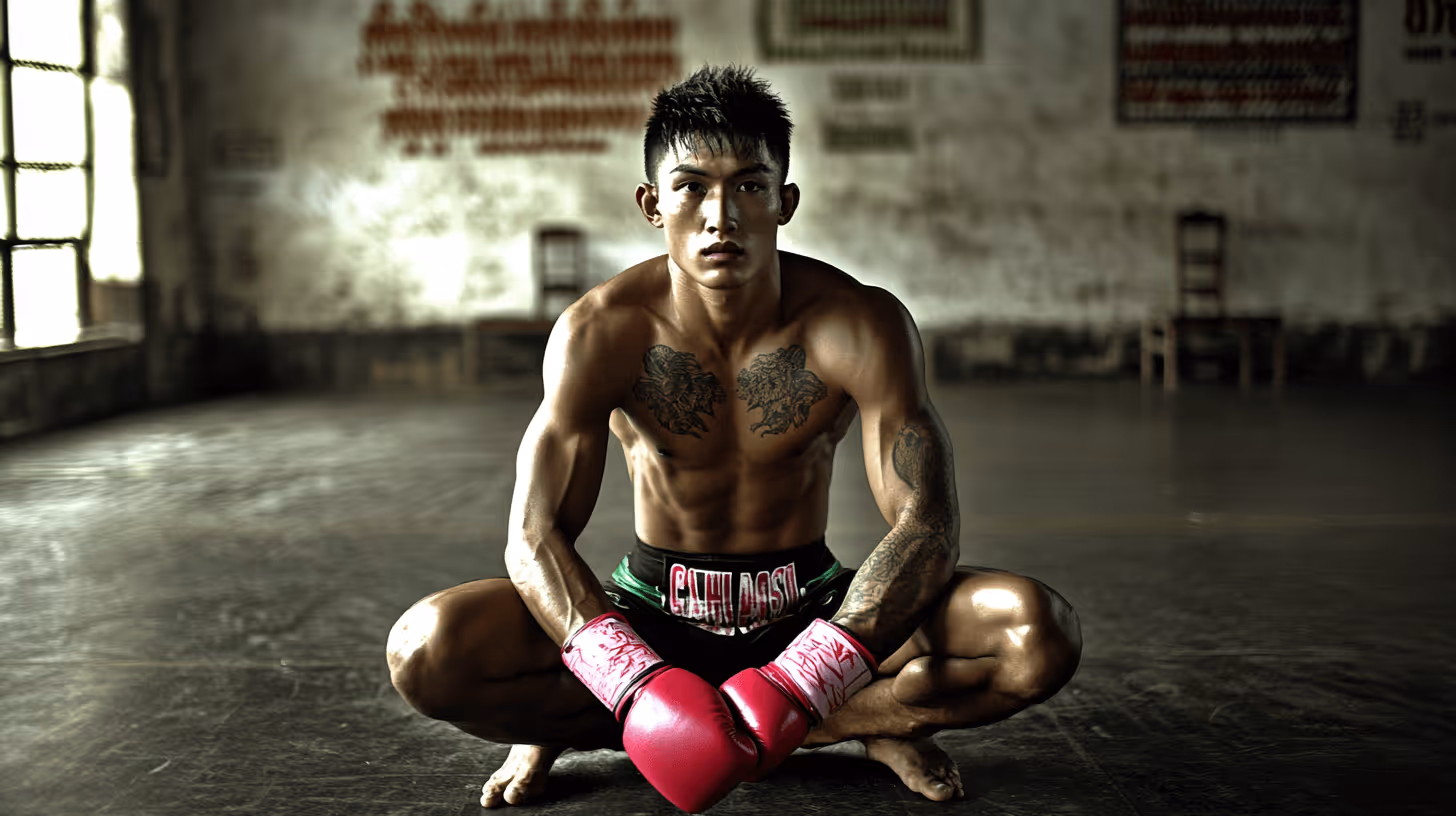 MMA fighter squatting in gritty gym with pink boxing gloves, black shorts with green waistband, tattoos, and intense focus.