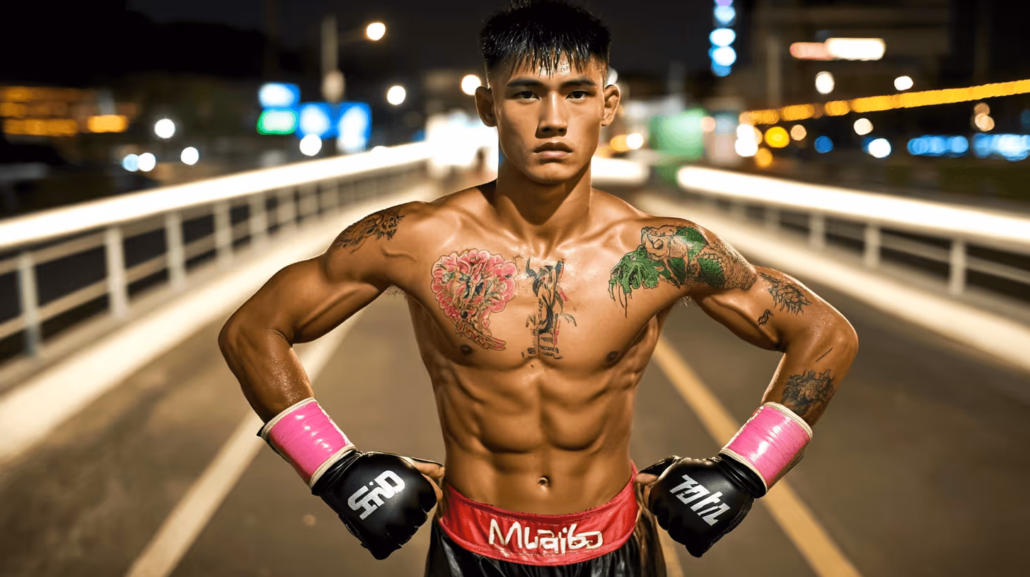 MMA fighter in confident pose with muscular abs, vibrant tattoos, pink belt, and urban night backdrop.