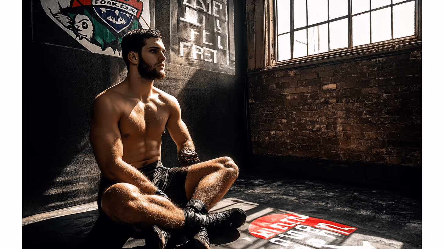Male MMA fighter seated cross-legged, shirtless with taped hands and muscles, set against a brick wall mural in dramatic light.