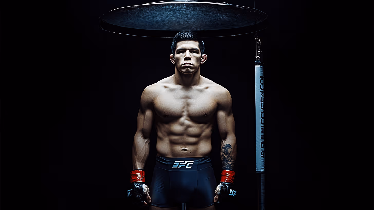 MMA fighter Jesus Pinedo stands shirtless in a focused pose, showcasing a muscular build with black shorts and red-accent gloves under a spotlight.