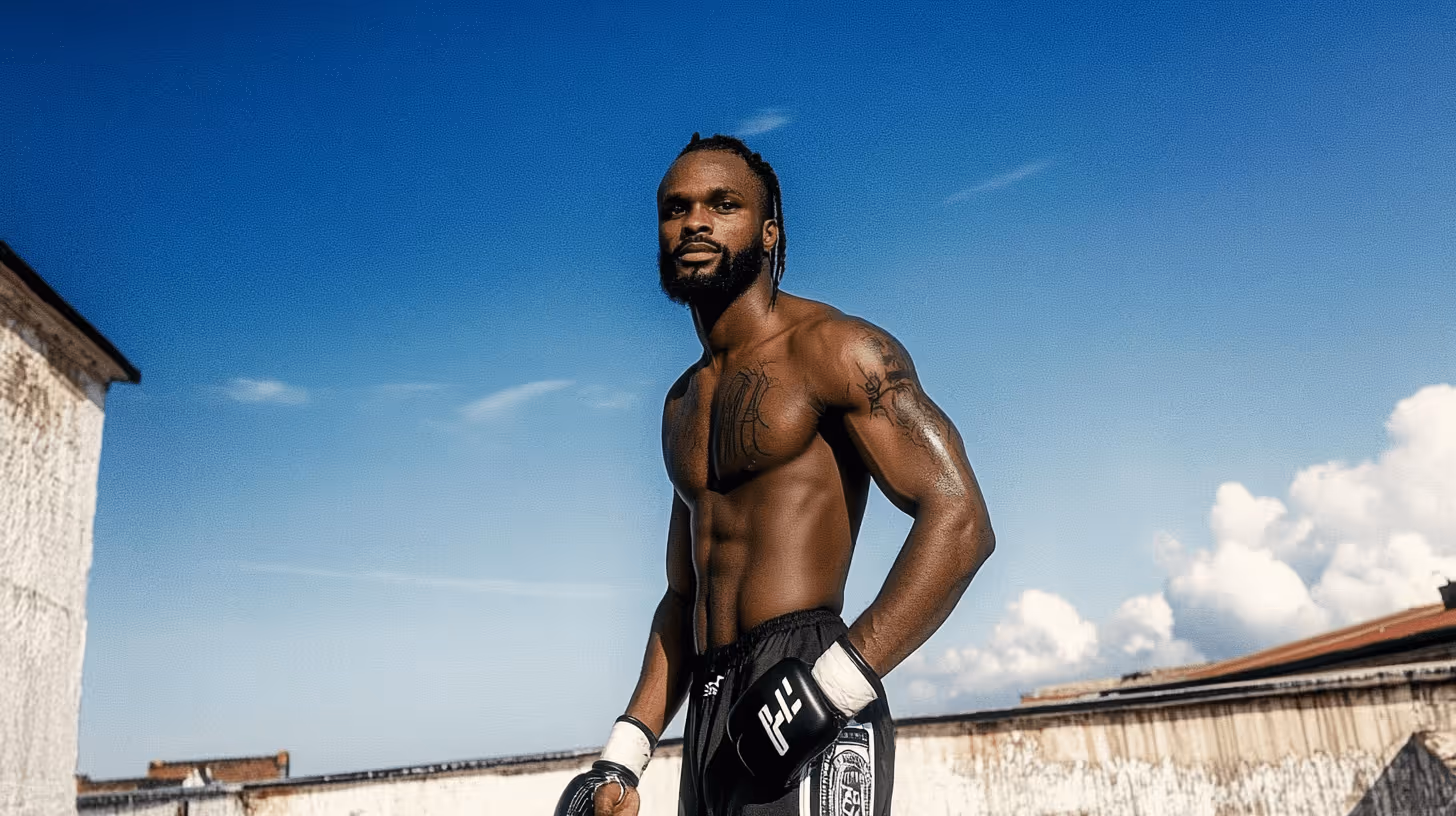 MMA fighter Patrick Ocheme stands shirtless in a confident pose, wearing dark shorts and gloves outdoors under blue sky.
