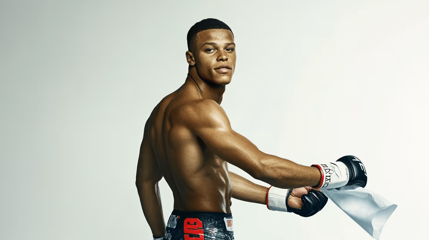 MMA fighter Cameron Smotherman in dynamic side pose, shirtless with boxing glove and wrapped towel, exuding focused intensity.