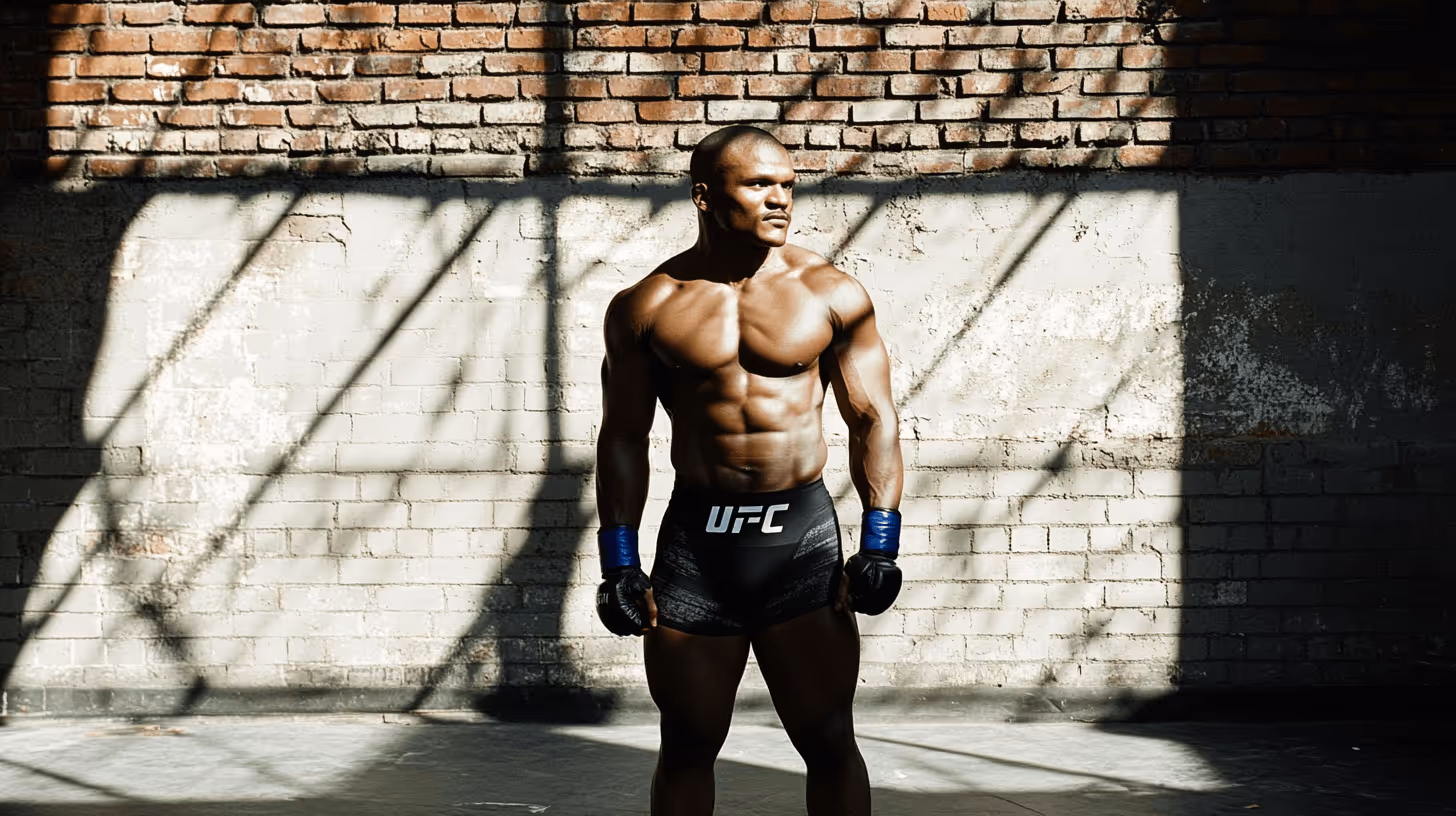 MMA fighter in black UFC shorts and gloves stands confidently by a red-grey textured brick wall, exuding determination.
