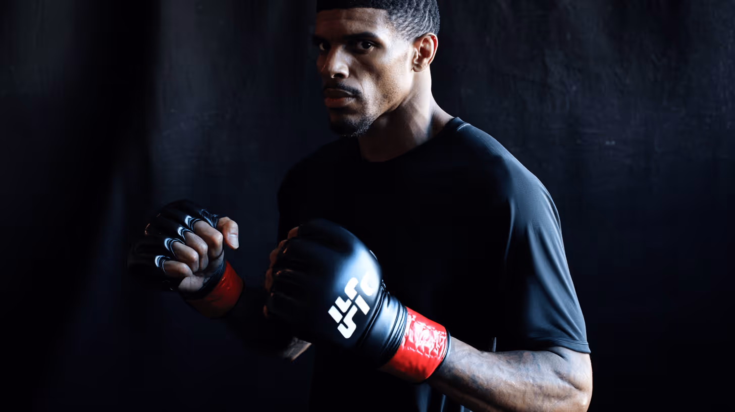 MMA fighter in a poised stance wearing a black shirt and red-accented gloves, showcasing tattoos and intense focus in dramatic lighting.