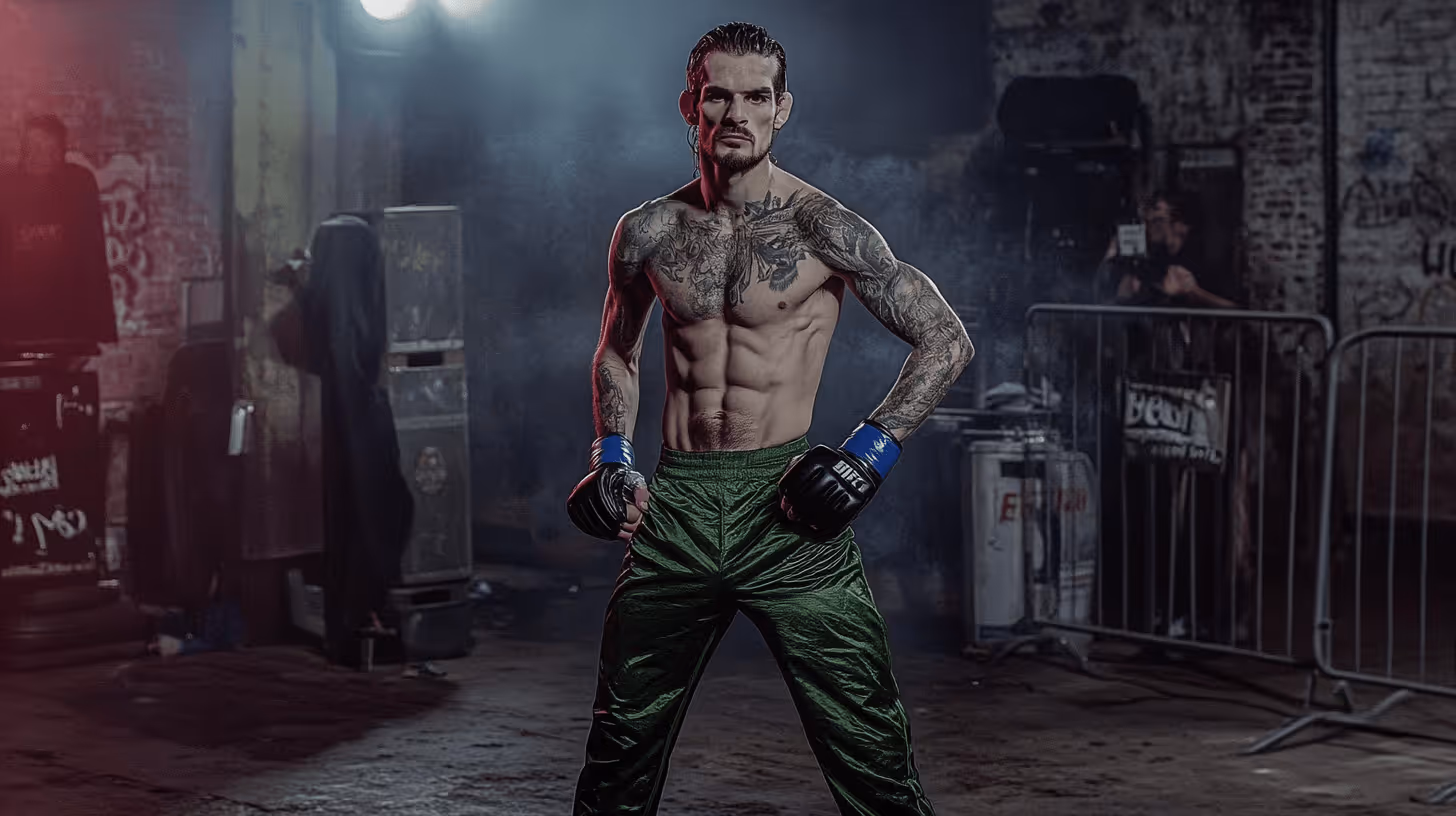 Intense lean MMA fighter with tattoos in green shorts and black gloves stands confidently in a gritty, graffiti-covered industrial setting.