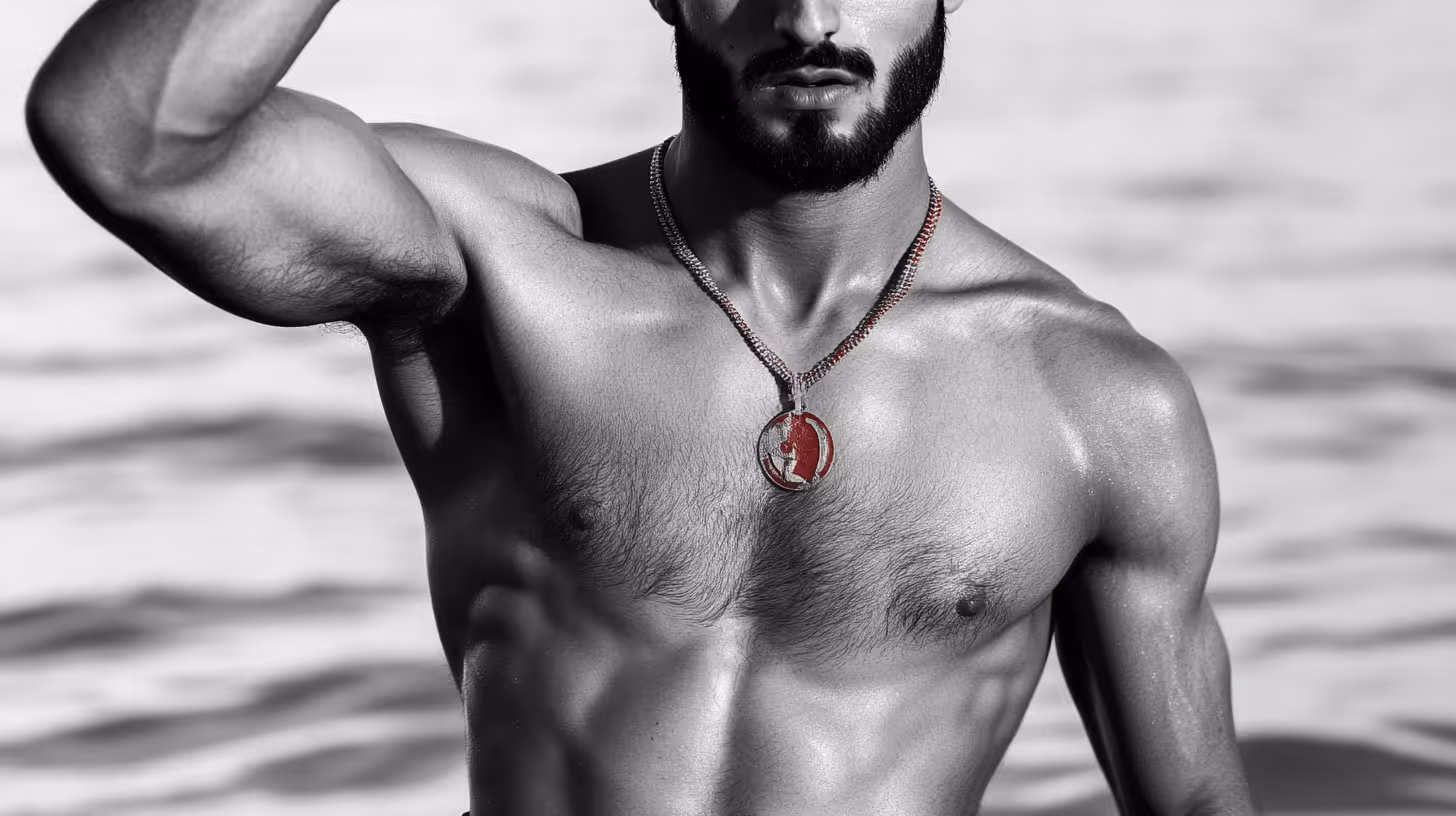 Abdallah Ondash in an intense pose: shirtless with glistening muscles, bold necklace, and a blurred monochrome backdrop.