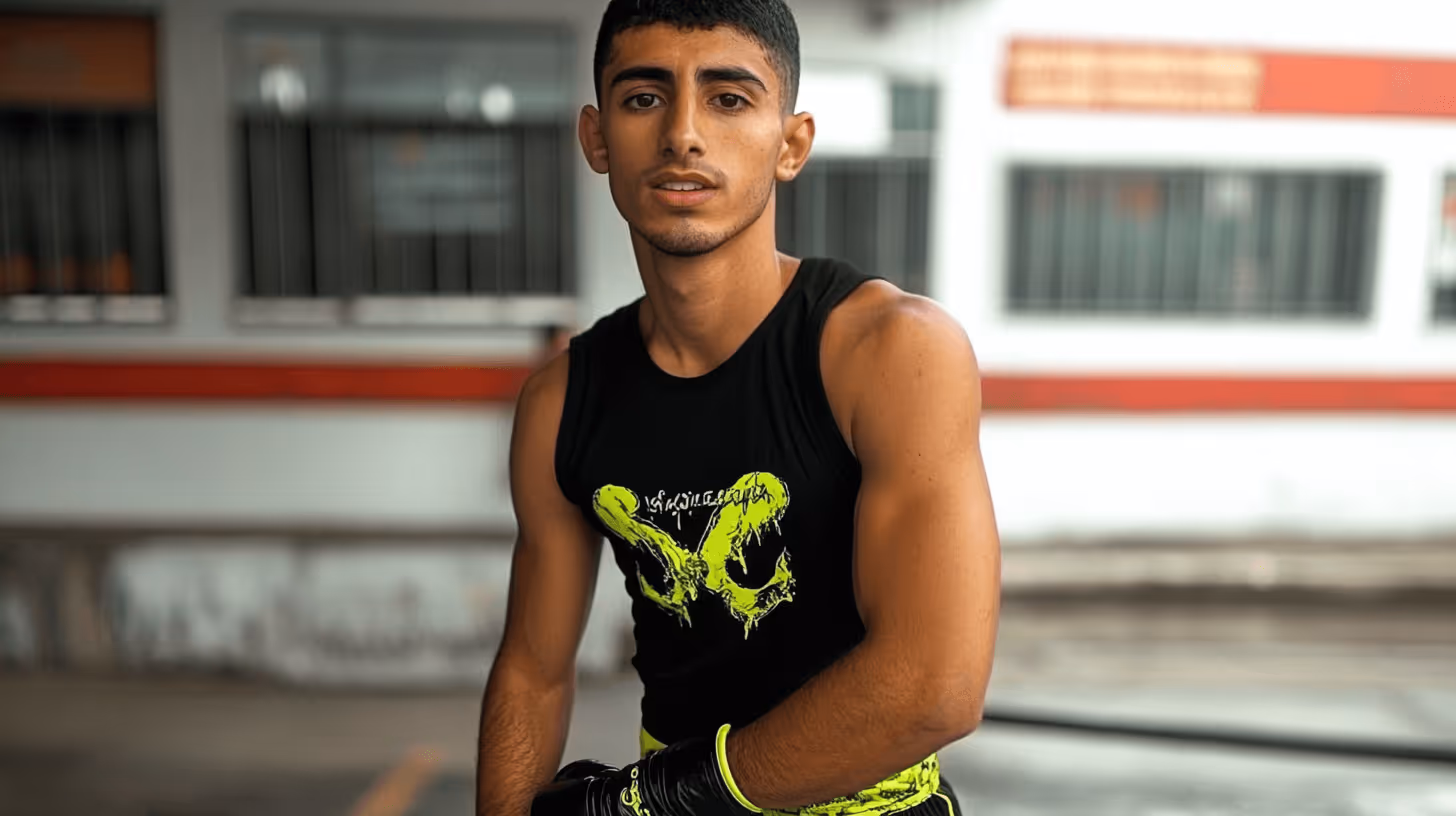 MMA fighter Elies Abdelali in a sleeveless black tank top with a vibrant green design, striking a focused, confident pose in an indoor gym.