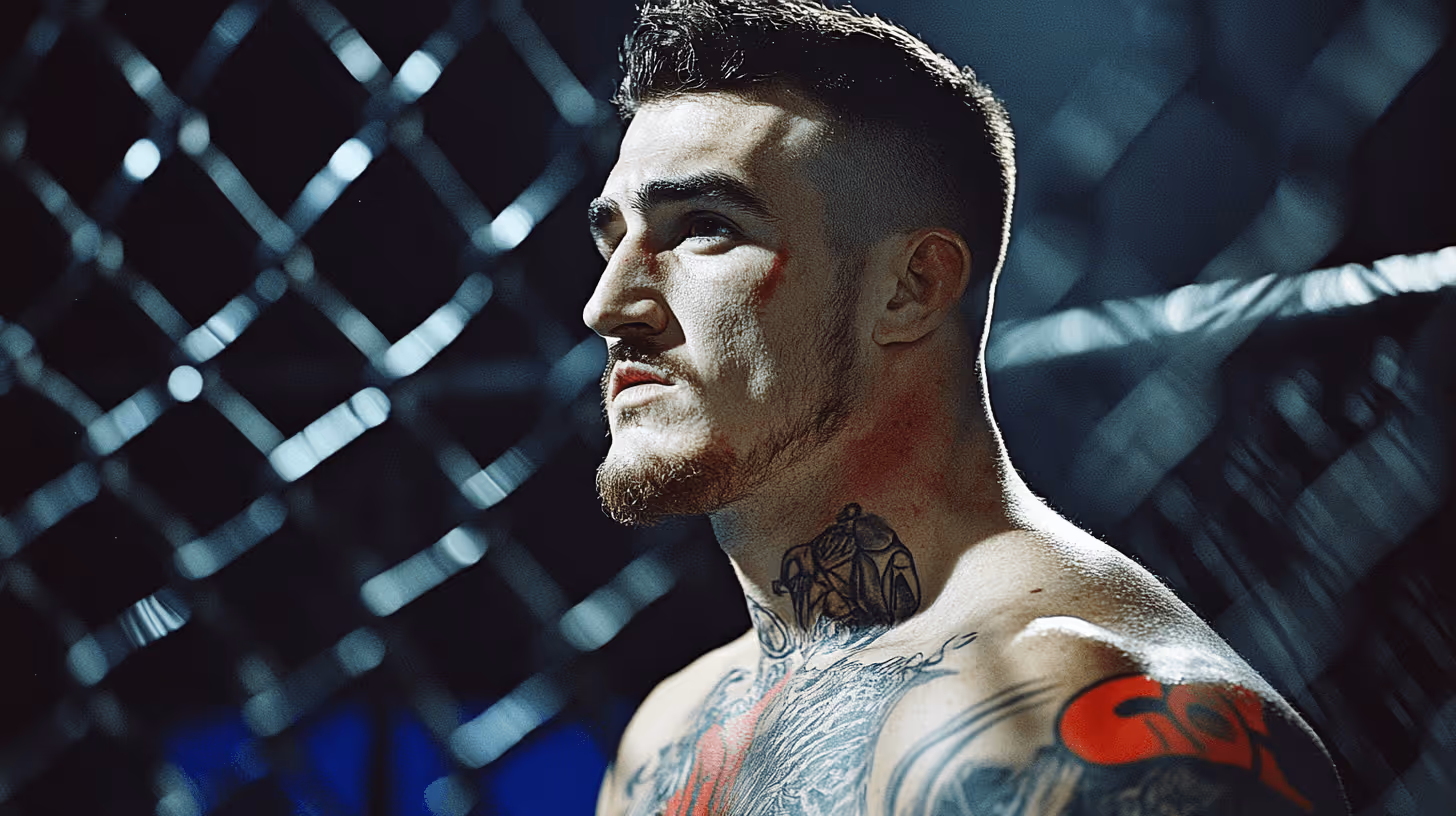 MMA fighter Tom Aspinall in a dramatic pose, bare-chested with tattoos and red marks in a moody, blurred MMA cage.