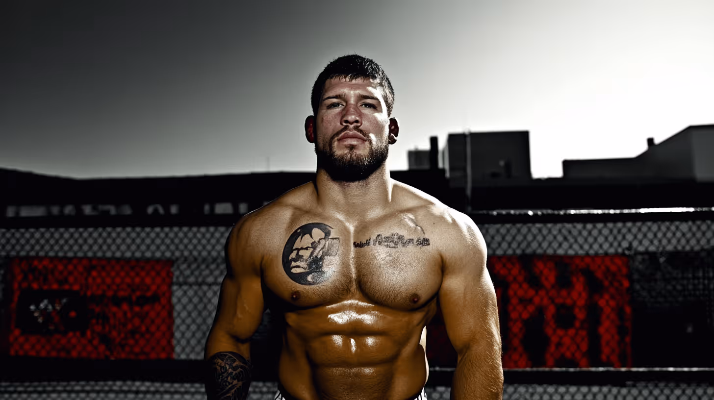 MMA fighter in a cage, muscular and tattooed, with a strong stance and intense focus amid red accents.