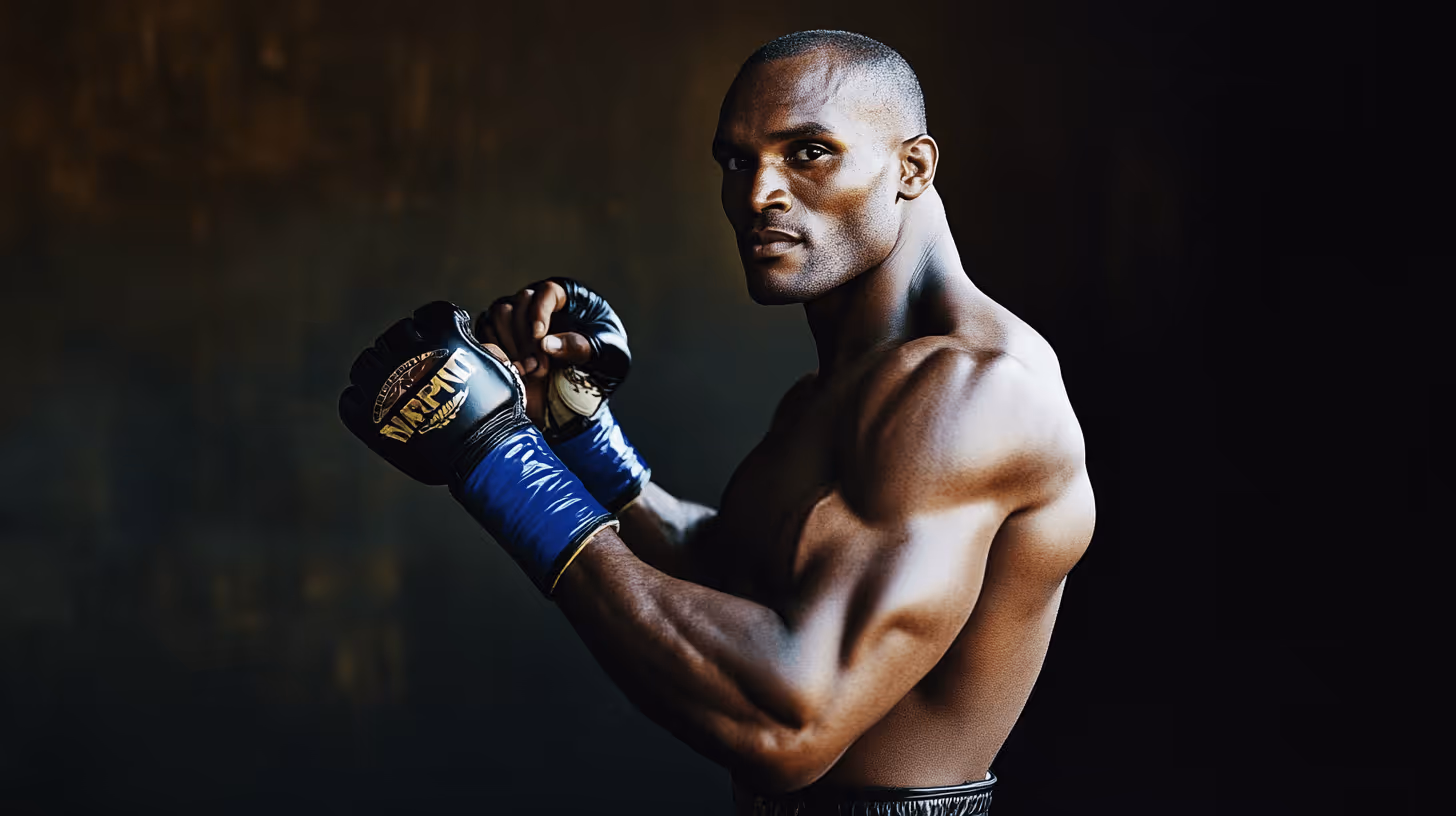 Kamaru Usman in black MMA gloves and blue wrist wraps, striking a confident pose against a dark backdrop.
