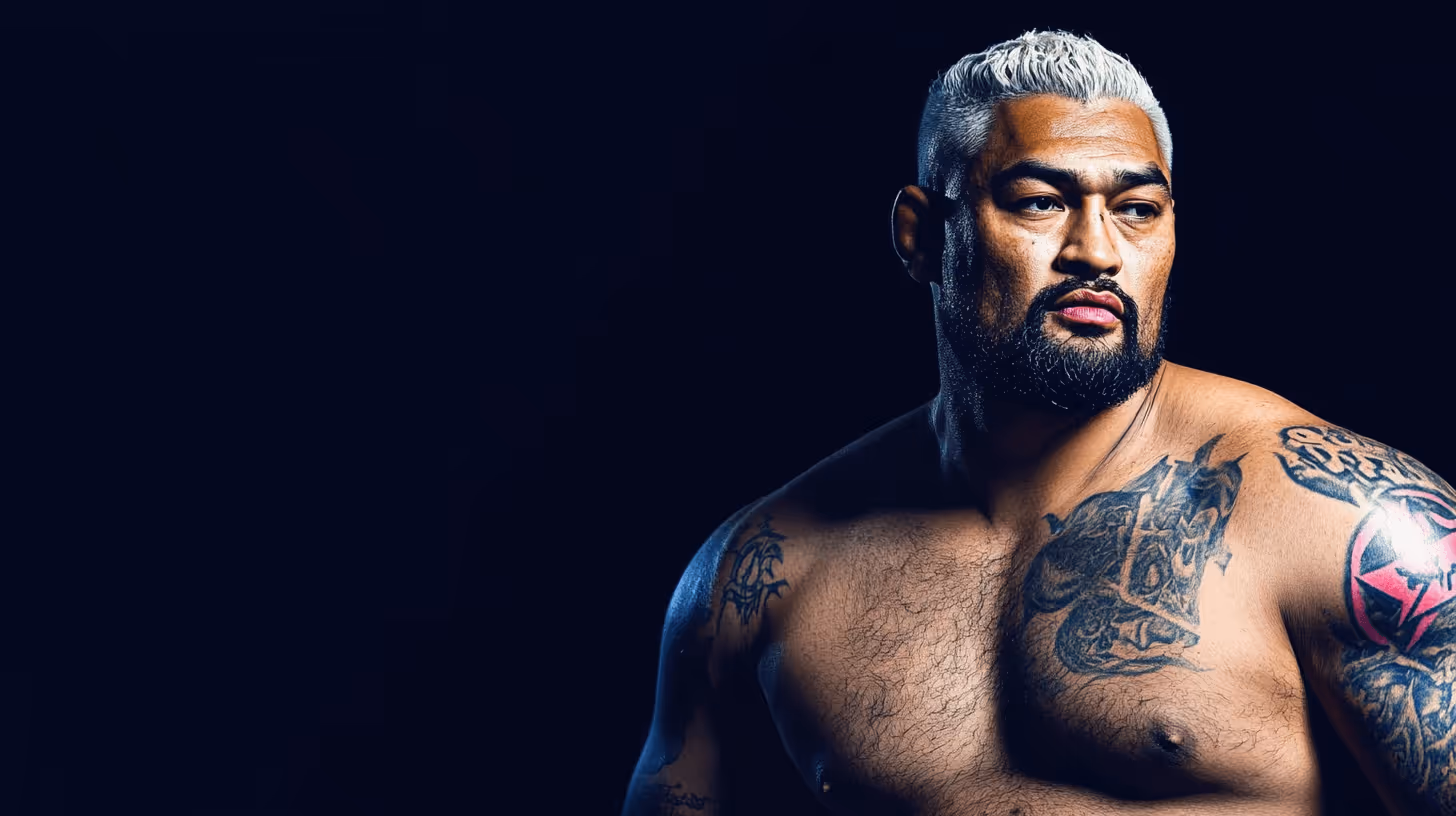Mark Hunt, a muscular, tattooed MMA fighter with short white hair, stands shirtless in a dramatic dark-lit setting.