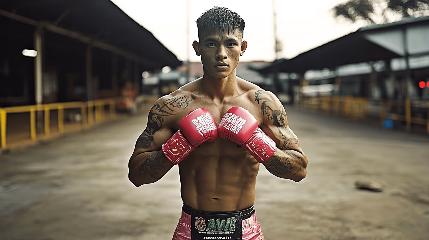 Tattooed MMA fighter in a defensive stance with raised pink gloves and intense focus in a gritty industrial venue.