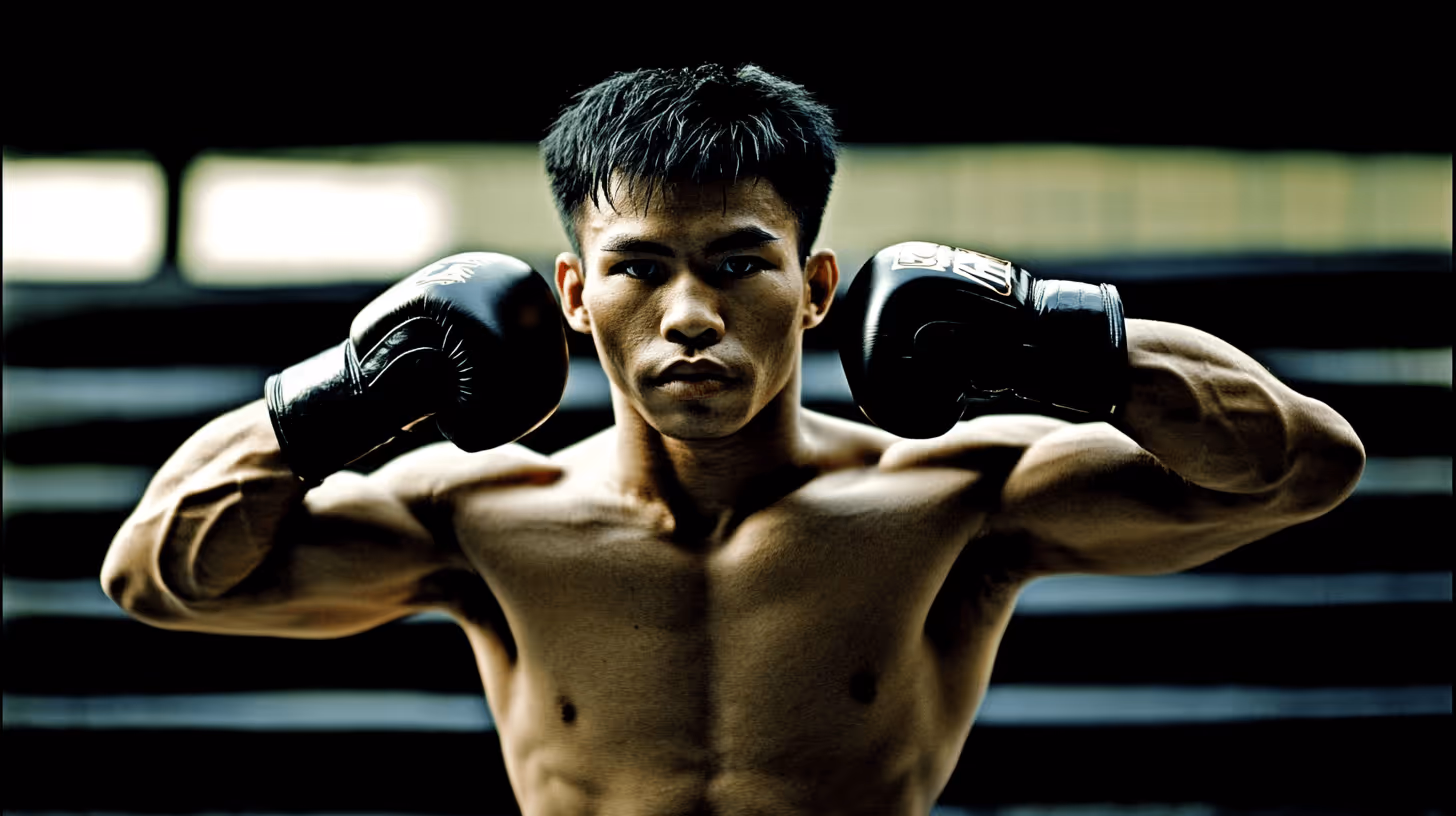 MMA fighter Singdomthong Nokjeanladkrabang, shirtless with boxing gloves raised, exuding intense focus in a dim gym.