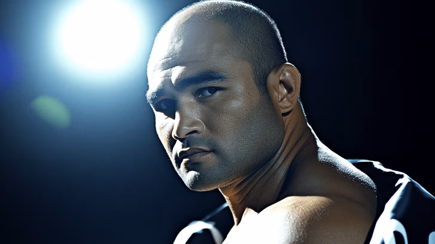 B.J. Penn, bald MMA fighter, poses with intense focus in a dark wrap under dramatic, high-contrast lighting.