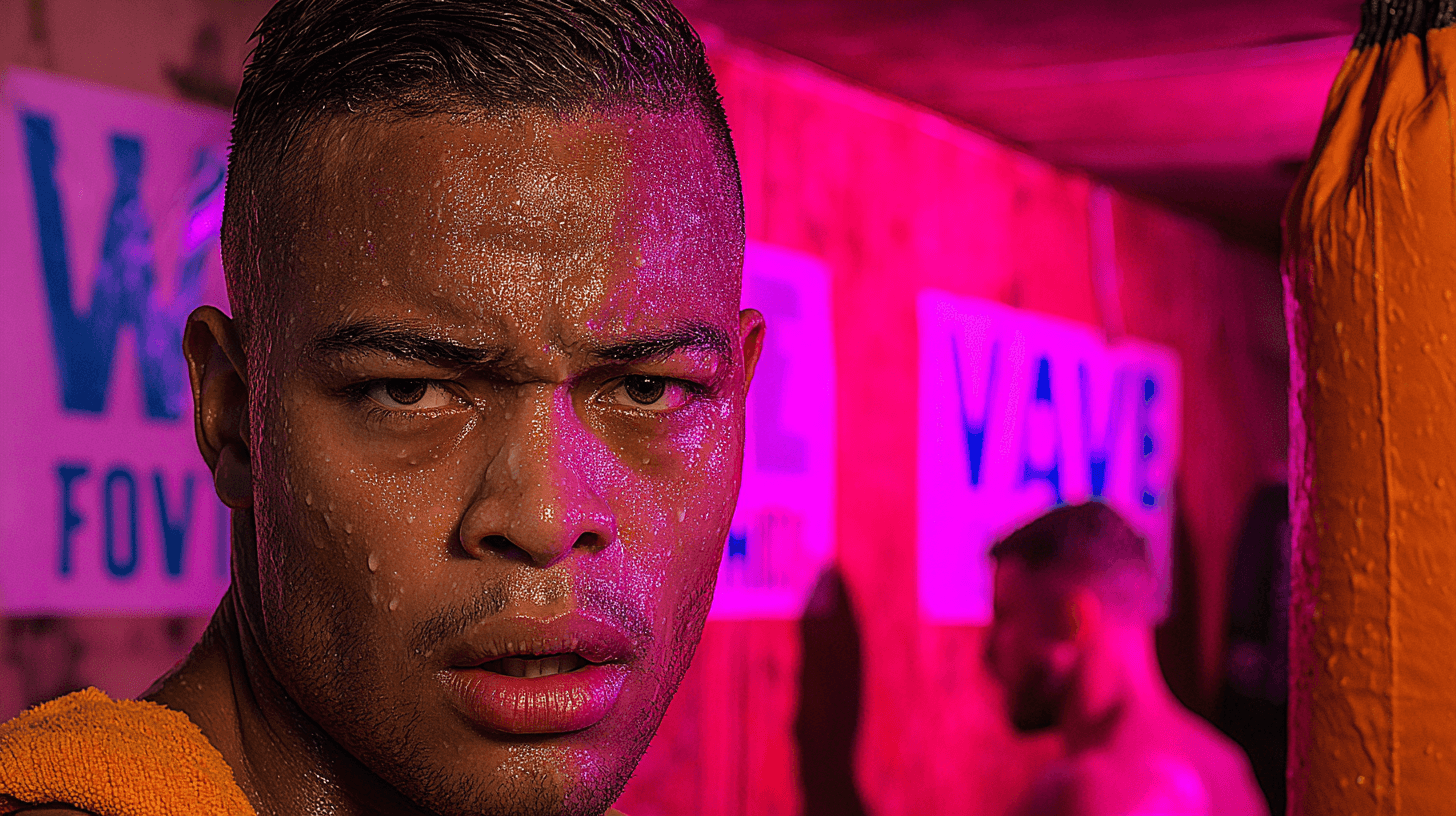 A focused athlete with a determined expression, glistening with sweat, stands in a neon-lit gym, with colorful signs and another person blurred in the background.