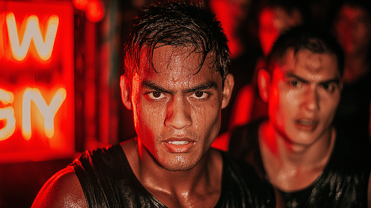 Two intense young men in dark clothing with slicked back hair, illuminated by red light, exude determination and focus.