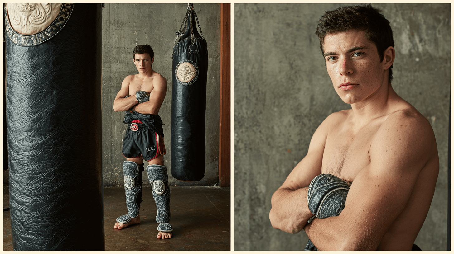 A shirtless young man in boxing gear stands beside a heavy punching bag in an industrial gym setting, displaying a confident expression with arms crossed.