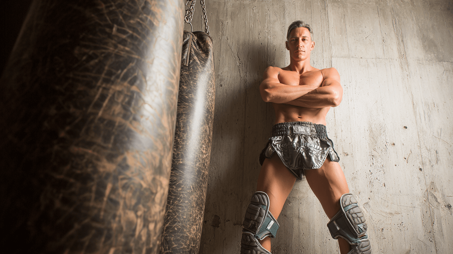 A muscular fighter stands confidently against a wall, wearing boxing shorts and protective gear, with heavy punching bags on either side.