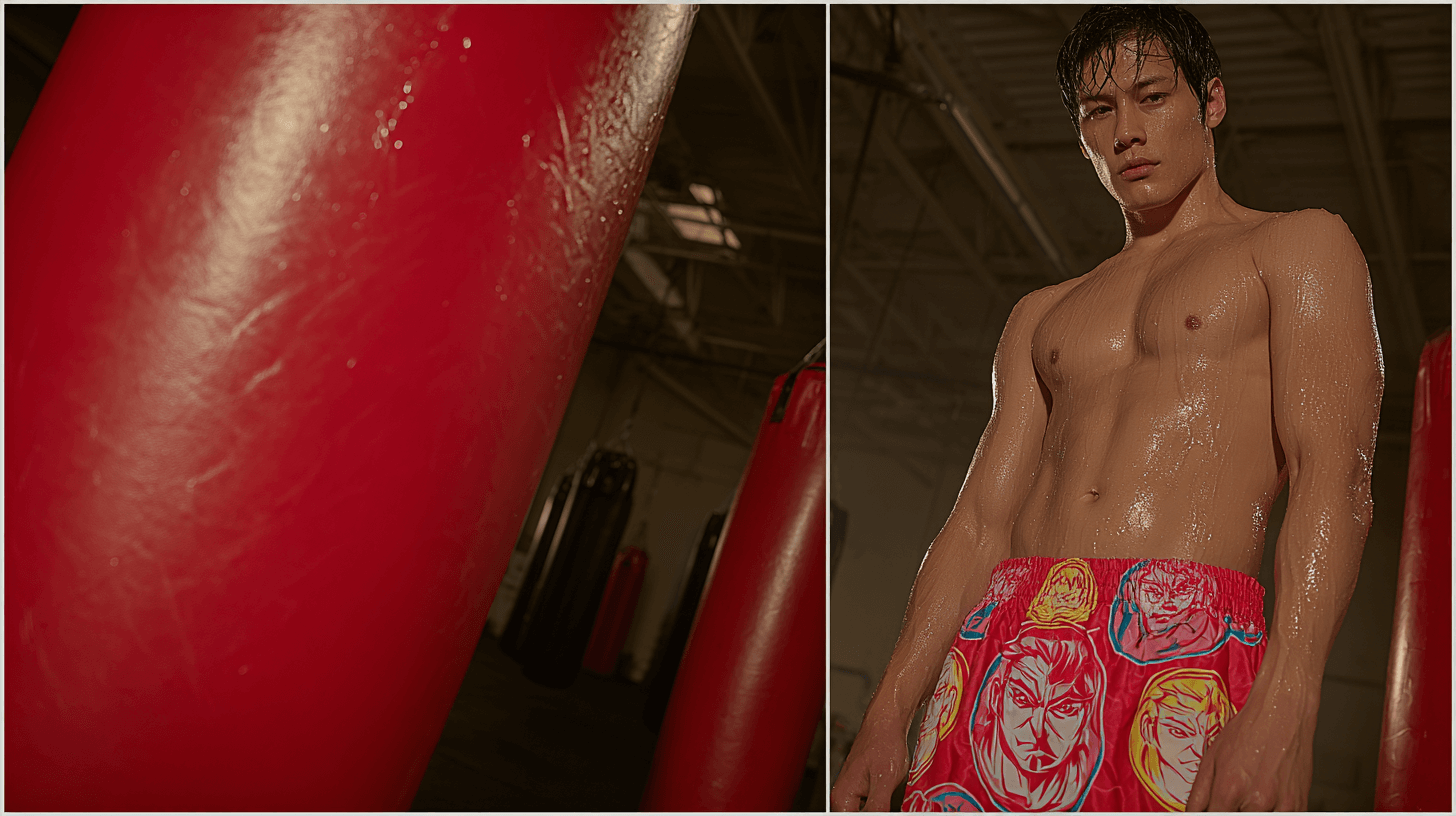 A shirtless person stands in a gym with shiny skin, wearing colorful shorts, next to a large red punching bag. The environment suggests a training or workout session.