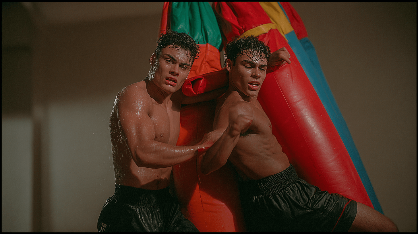 Two young men with muscular builds pose against a colorful inflatable, appearing dynamic and involved in a workout or performance setting, with water droplets accentuating their features.