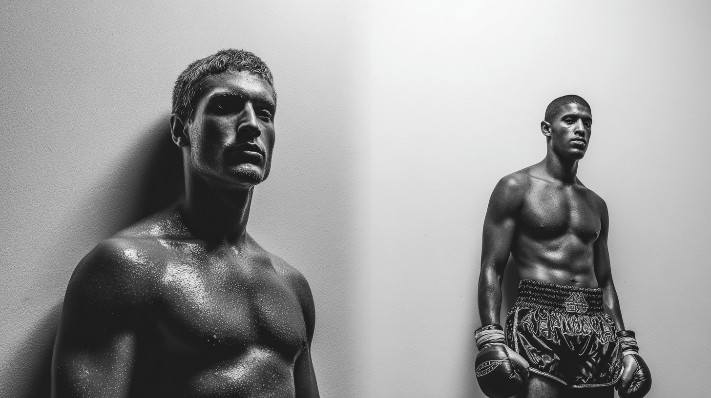 Two shirtless male fighters in a dramatic black-and-white scene, one with a serious expression, the other in boxing shorts and gloves, set against a plain background.