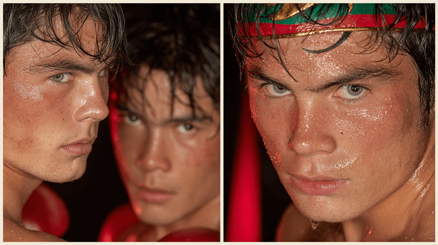 Two young boxers with intense expressions, glistening with sweat, one wearing a headband, against a dark background with red lighting.