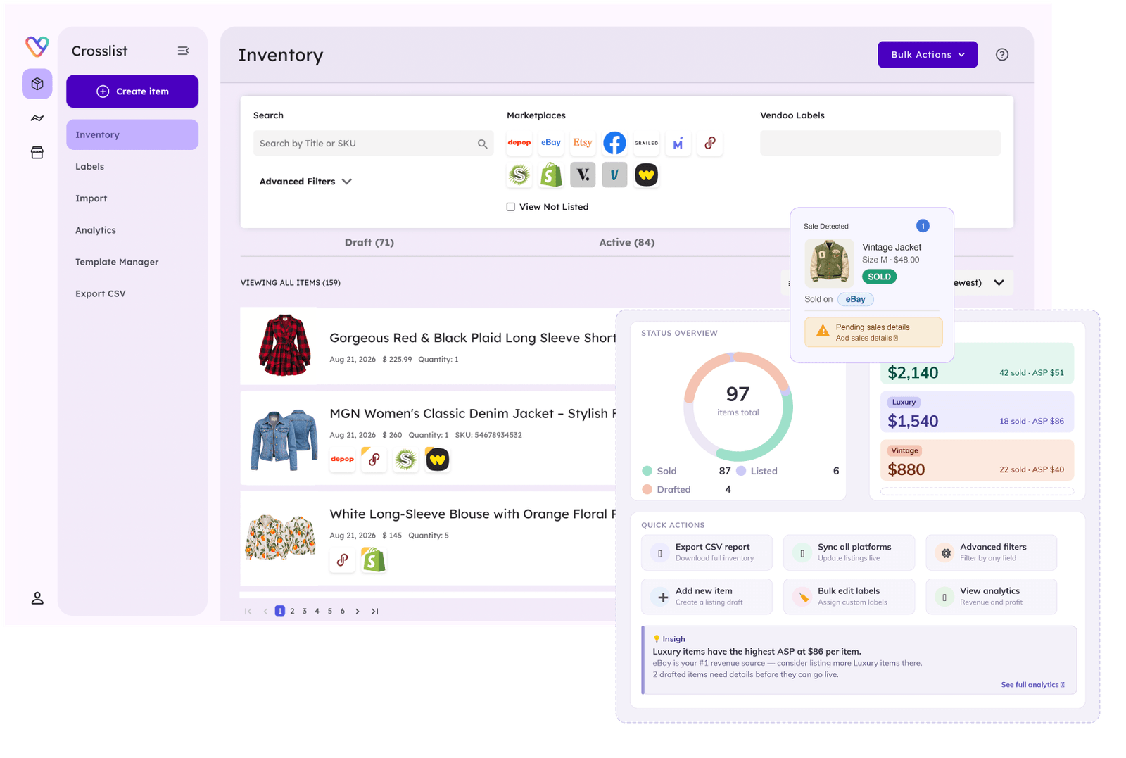 Vendoo crosslister dashboard showing inventory listed across eBay, Poshmark, Mercari and other marketplaces