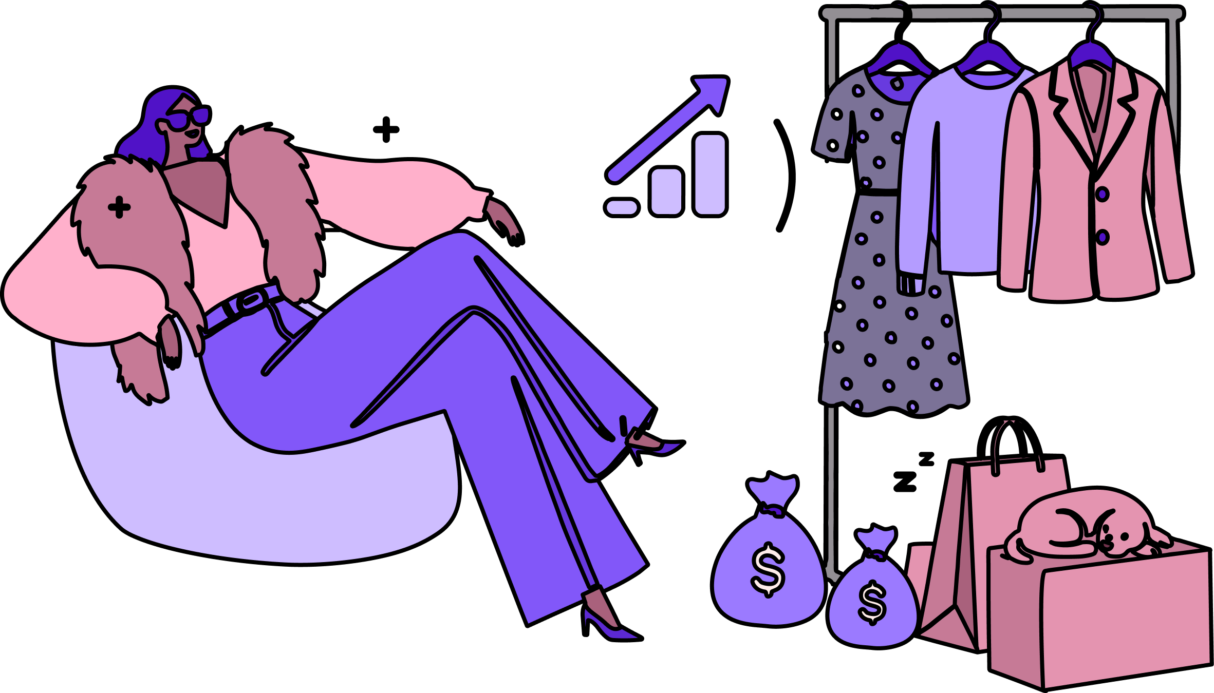Reseller relaxing beside money bags and a clothing rack