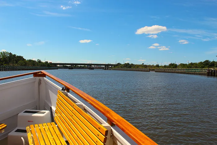 A boat prow looking on towards Freshkills Park
