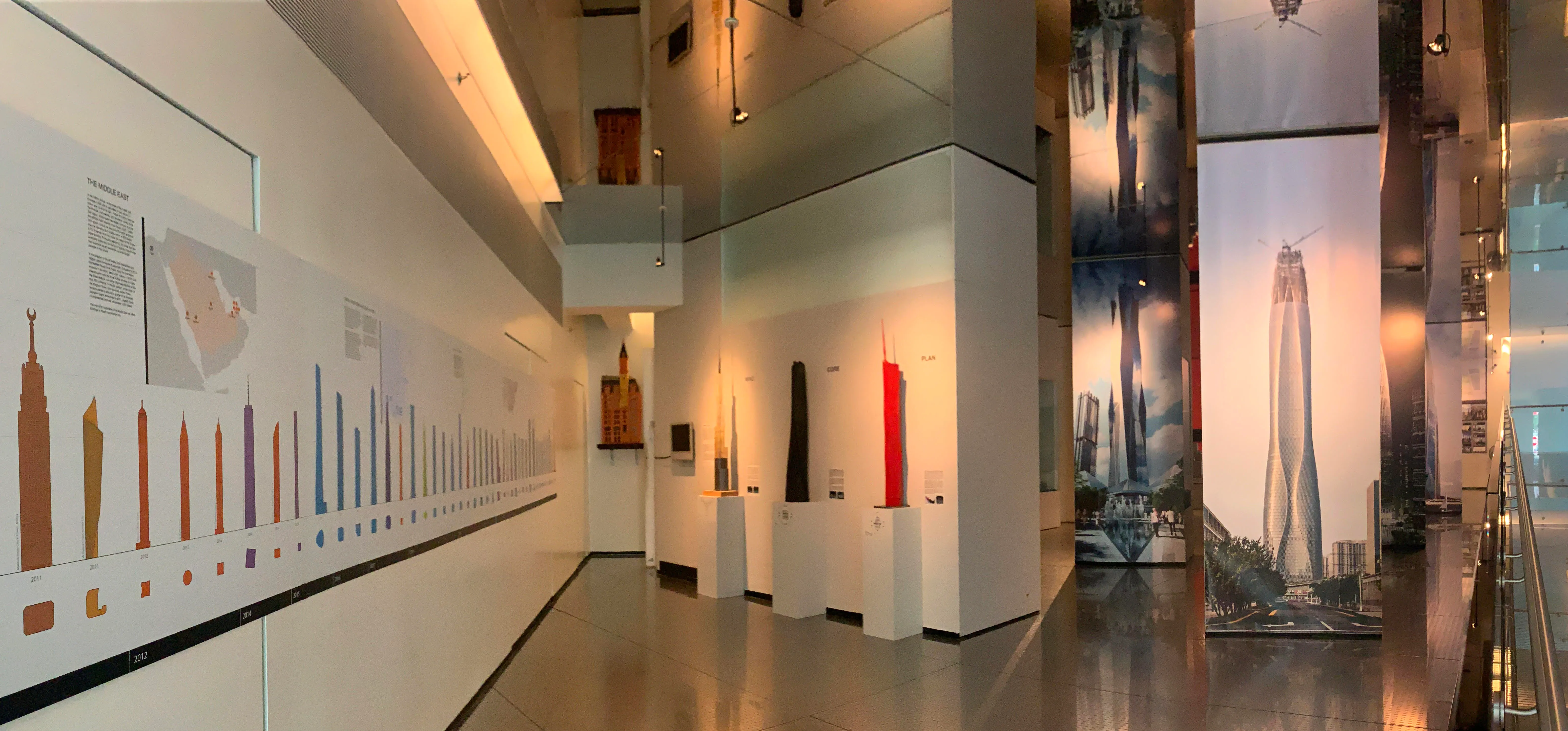 Exhibition installation including a graphic outlining the different heights of the tallest skyscrapers.