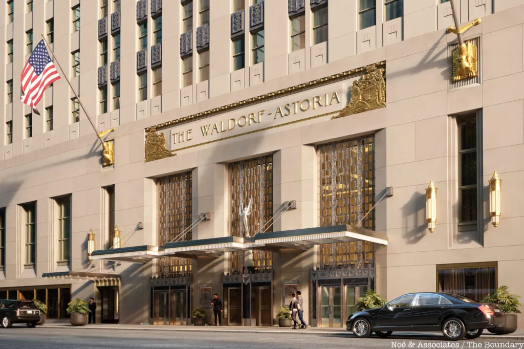 A photo of the entrance of the Waldorf Astoria.