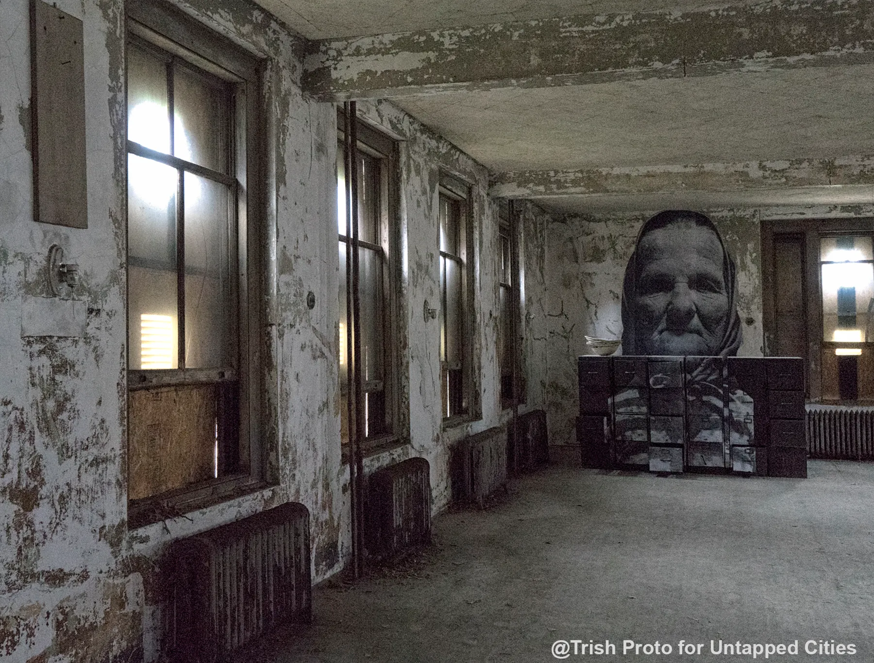 Photo of the interior of the abandoned hospital on Ellis Island.