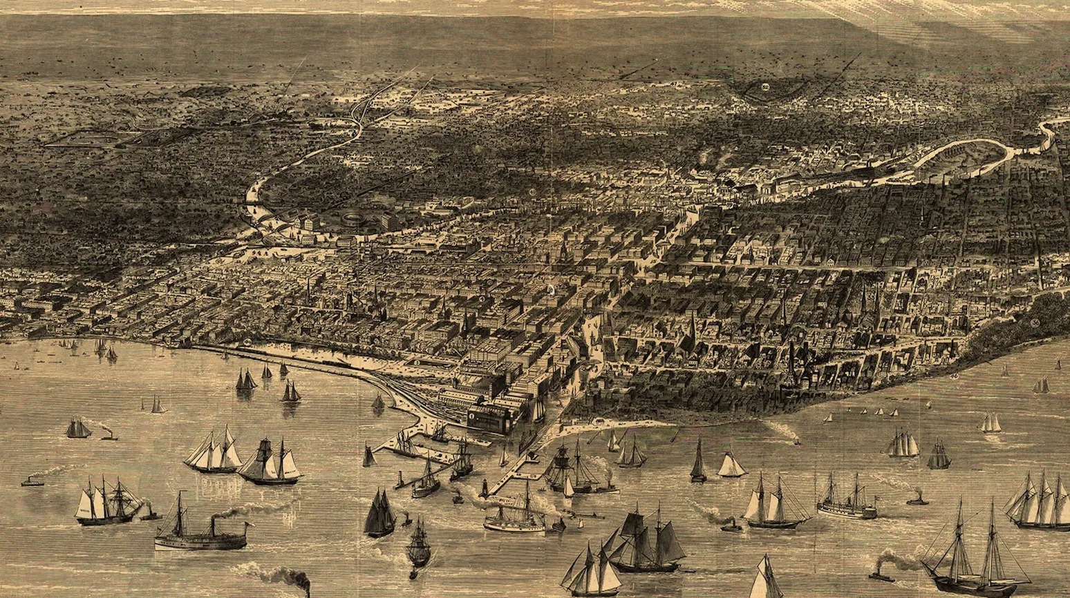 A drawing of boats on Lake Michigan and Chicago from above. 