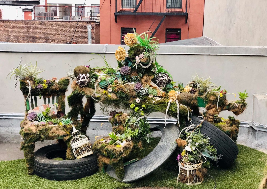 Found objects and flora sculpture on the roof of a New York City apartment building.
